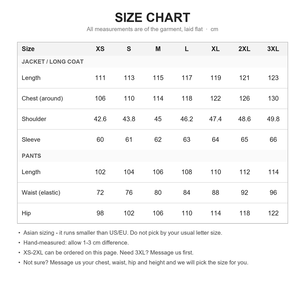 Size chart in cm - garment flat measurements for jacket and pants, XS to 3XL