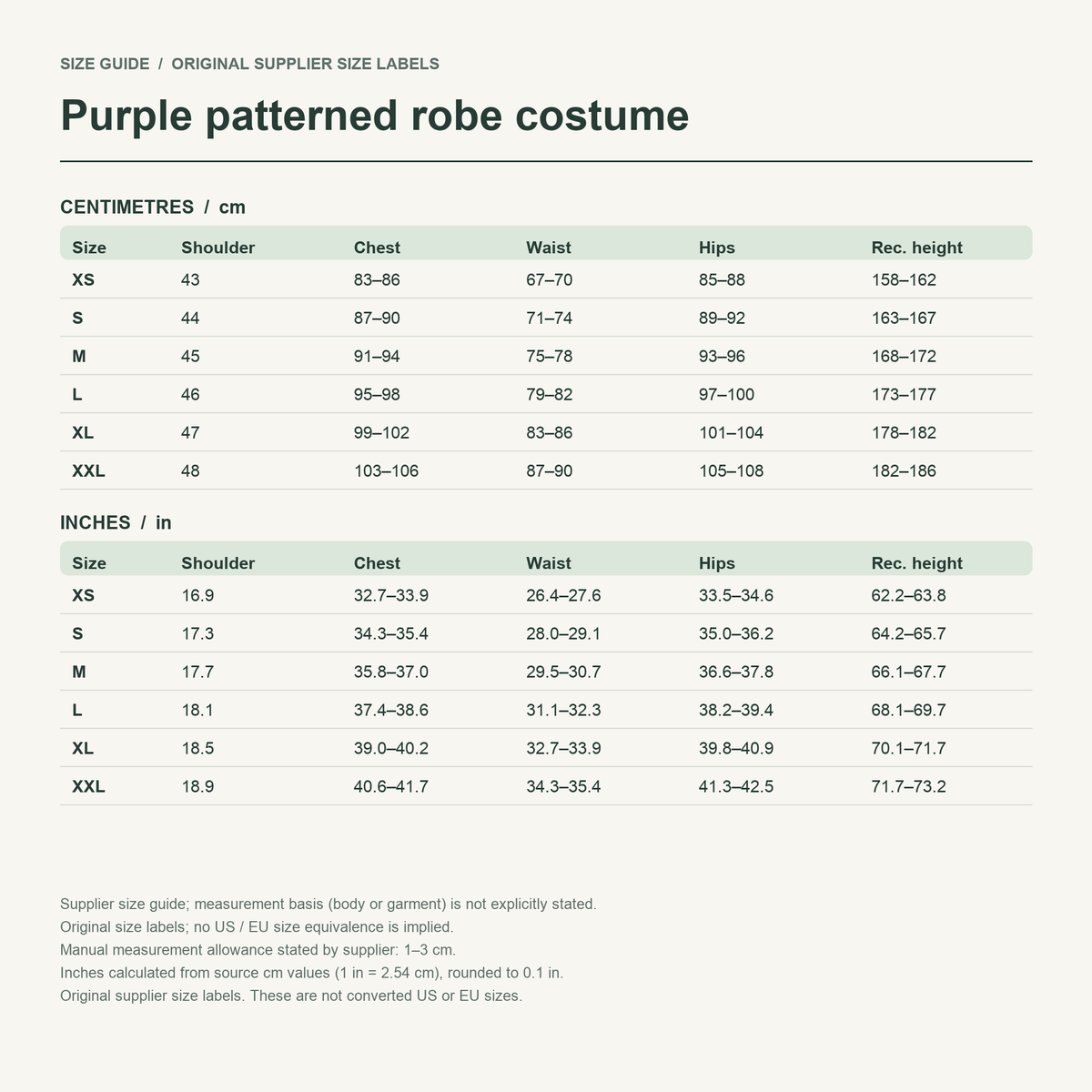 Kokushibo · Purple kimono set — supplier size reference in cm and inches