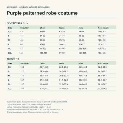 Kokushibo · Purple kimono set — supplier size reference in cm and inches