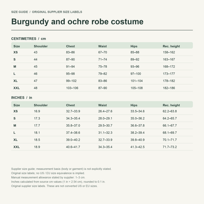 Yoriichi · Burgundy robe set — supplier size reference in cm and inches