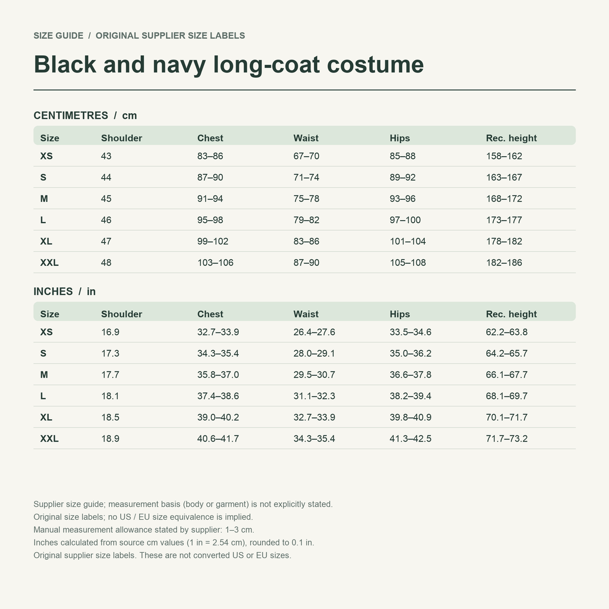 Rimuru · Black cloak layers — supplier size reference in cm and inches