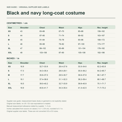 Rimuru · Black cloak layers — supplier size reference in cm and inches