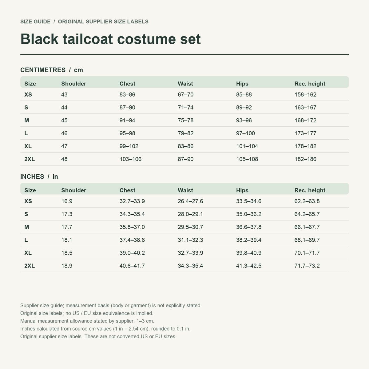 Sebastian · Black tailcoat set — supplier size reference in cm and inches