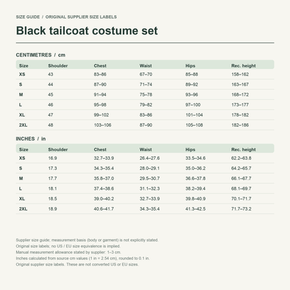 Sebastian · Black tailcoat set — supplier size reference in cm and inches