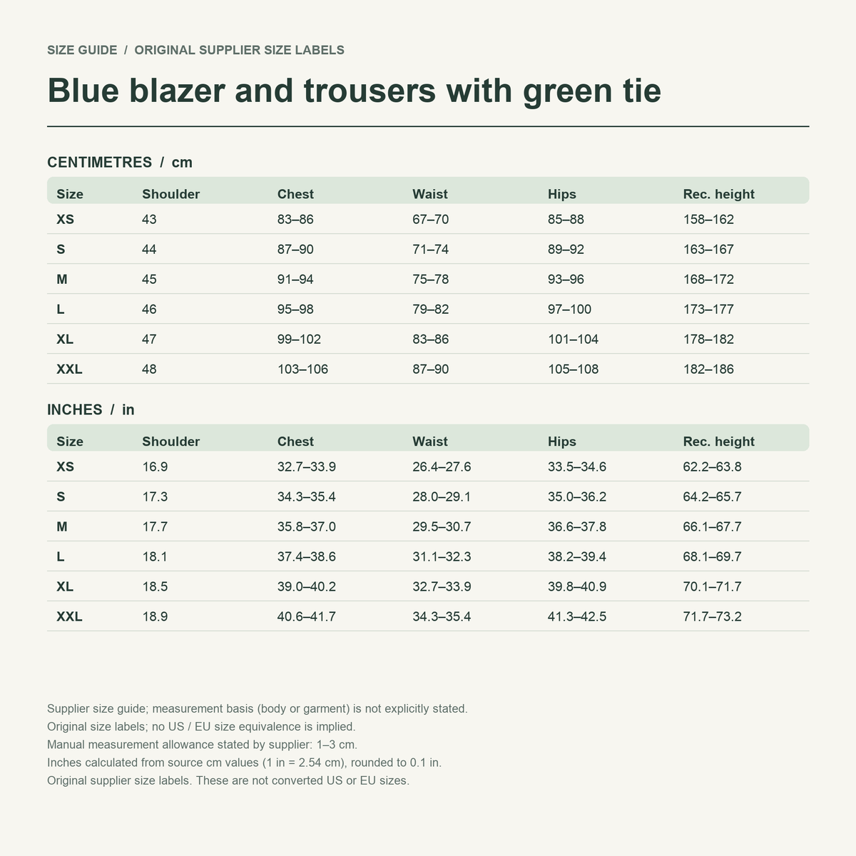 Shinichi · Blue uniform set — supplier size reference in cm and inches