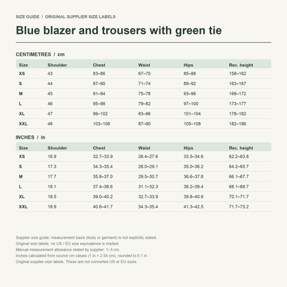 Shinichi · Blue uniform set — supplier size reference in cm and inches
