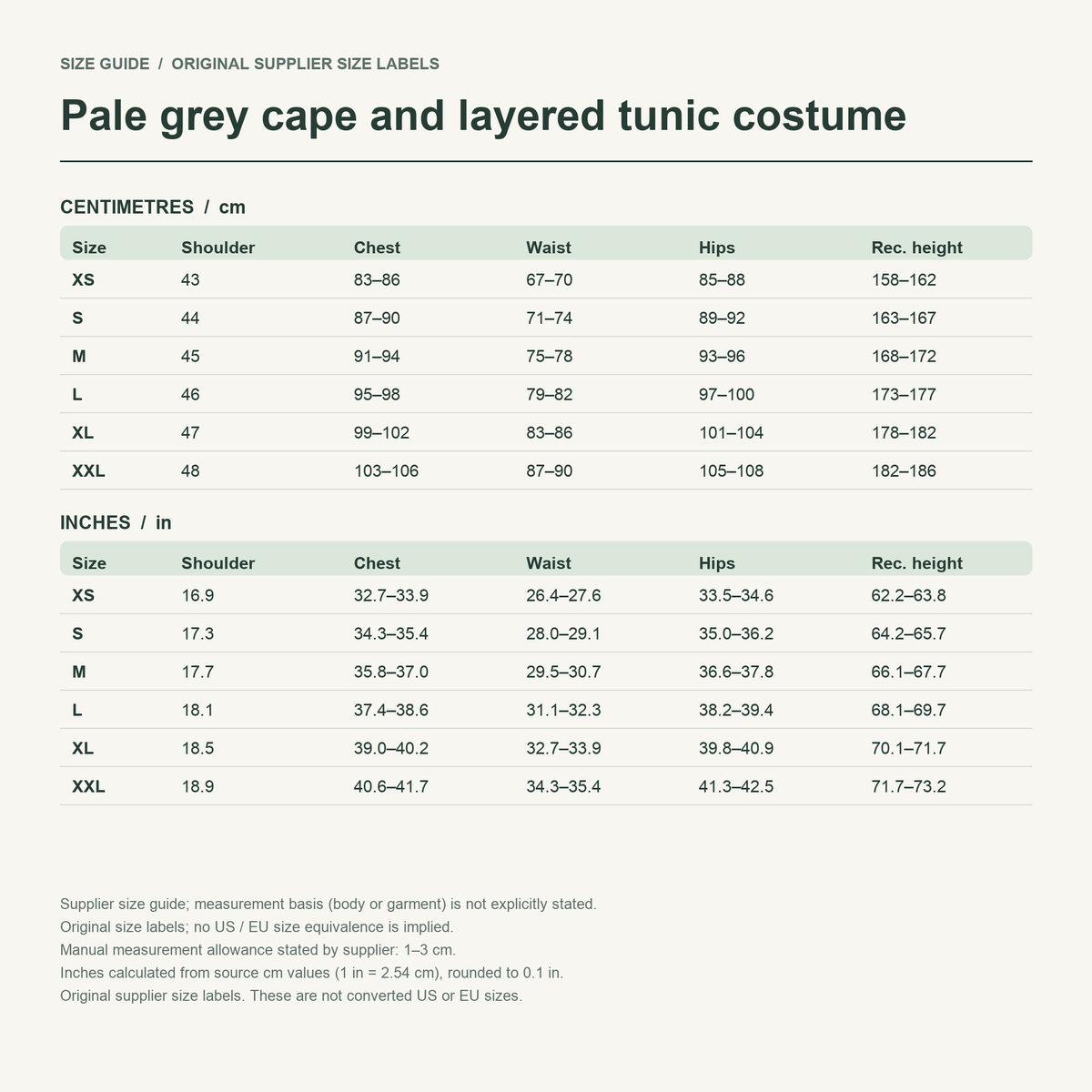Qifrey · White cloak set — supplier size reference in cm and inches