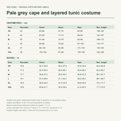 Qifrey · White cloak set — supplier size reference in cm and inches