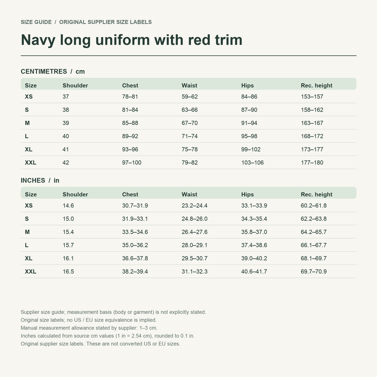 Tenka · Navy uniform set — supplier size reference in cm and inches