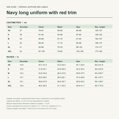 Tenka · Navy uniform set — supplier size reference in cm and inches