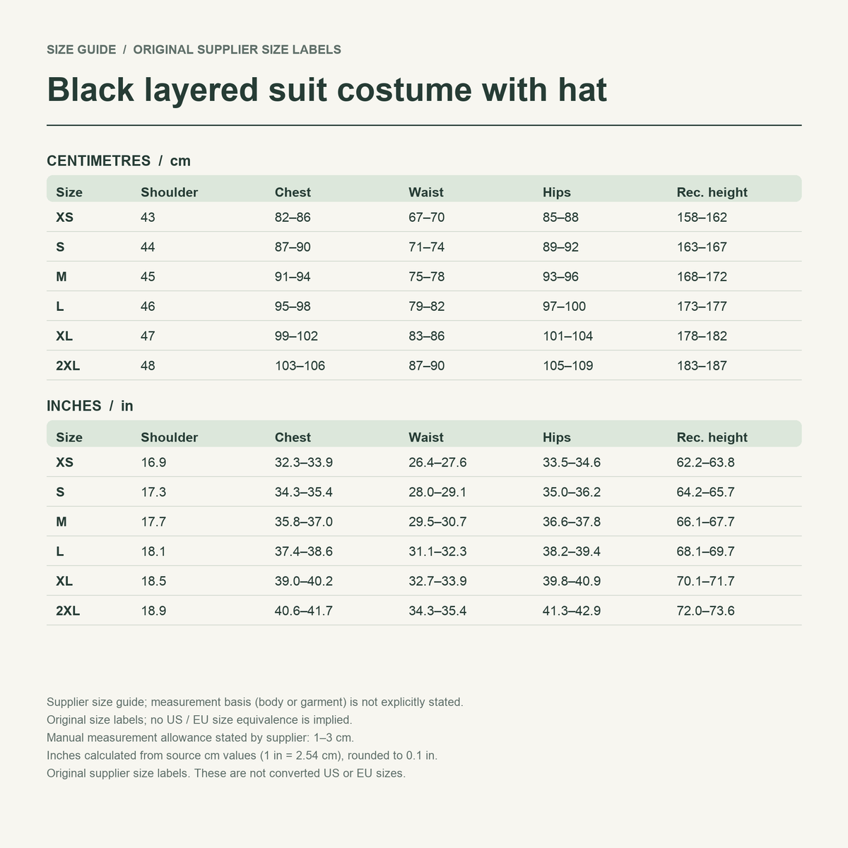 Chuya · Long-coat layers — supplier size reference in cm and inches