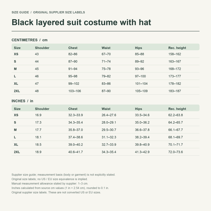 Chuya · Long-coat layers — supplier size reference in cm and inches
