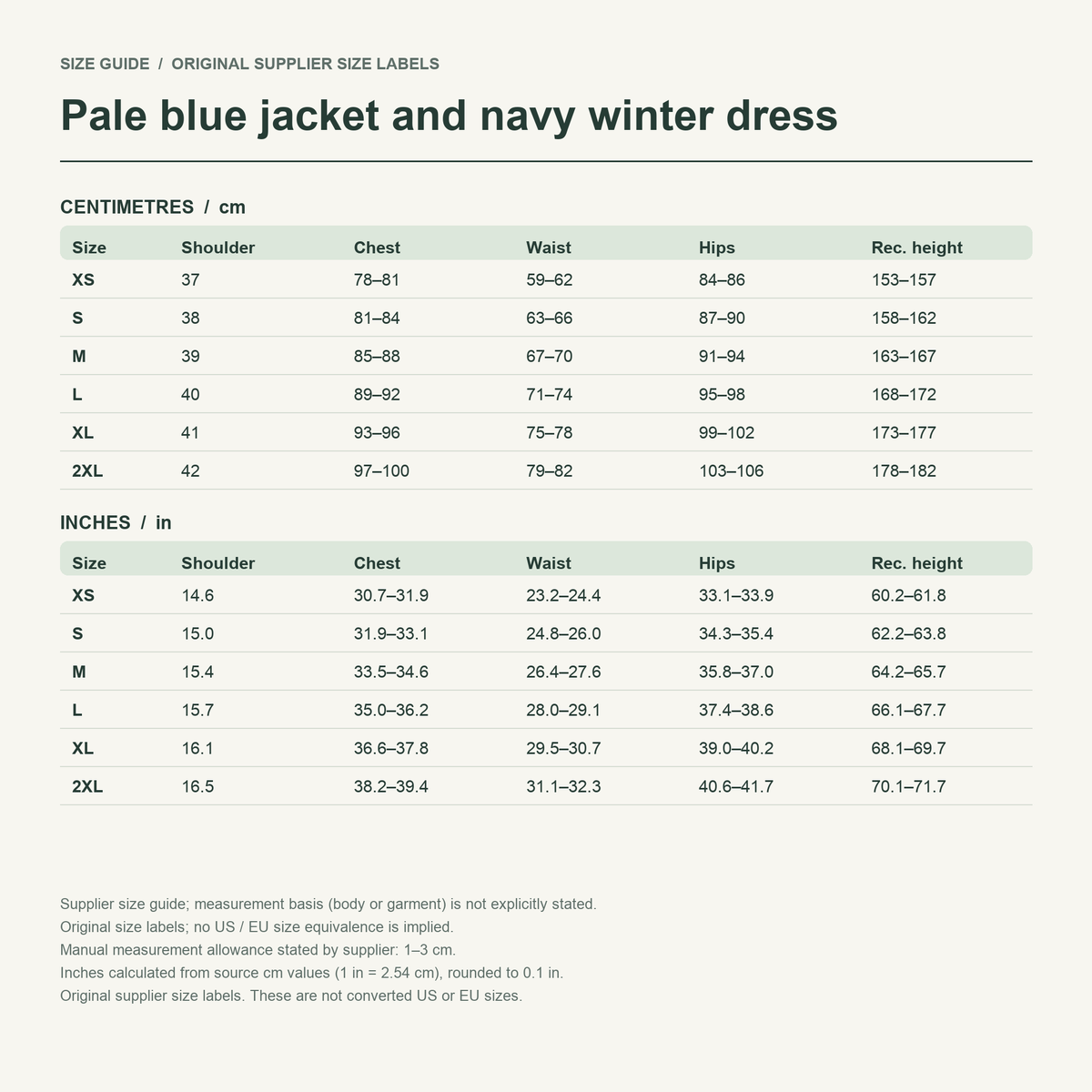 Fern · Winter layers — supplier size reference in cm and inches