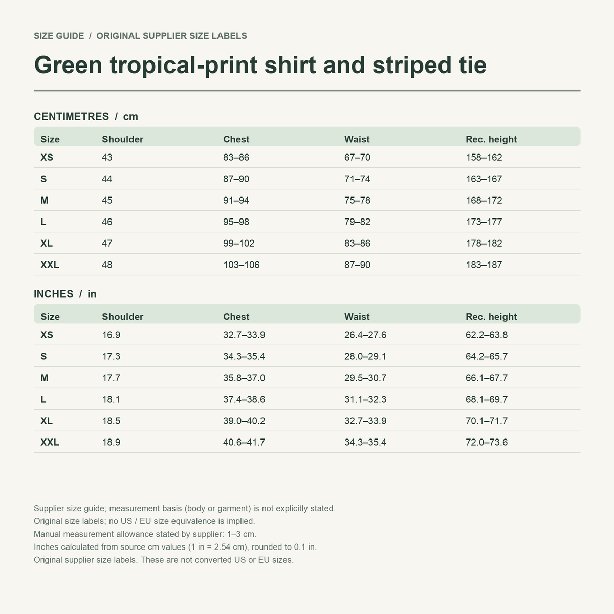 Nick · Green shirt & tie — supplier size reference in cm and inches