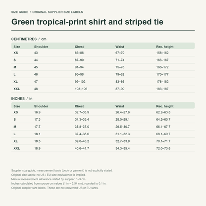 Nick · Green shirt & tie — supplier size reference in cm and inches