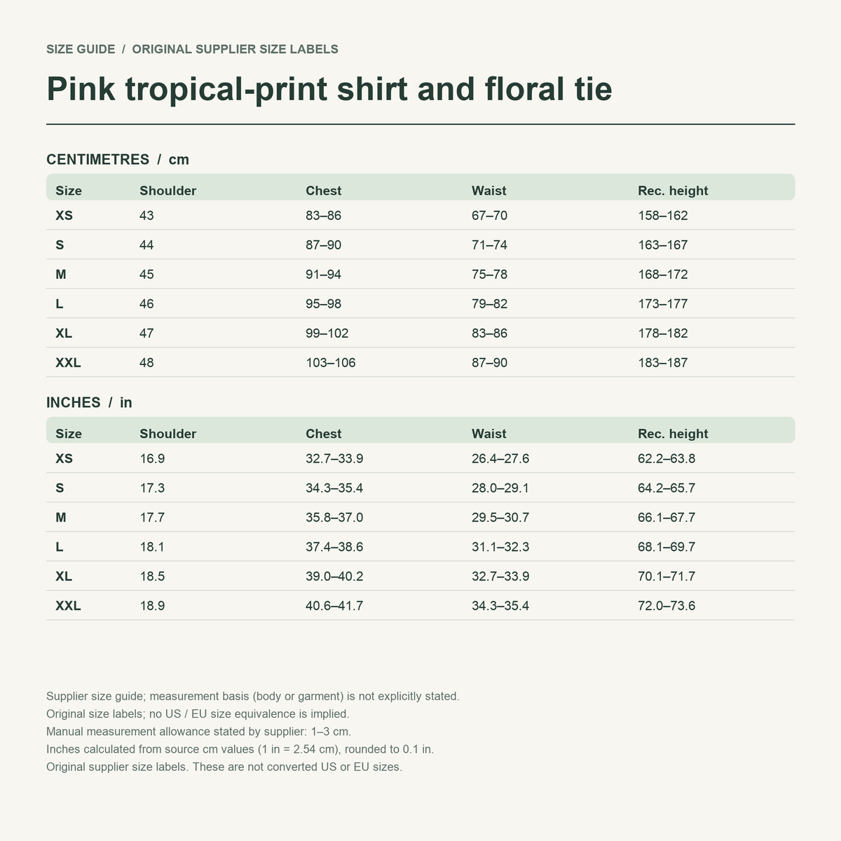 Nick · Pink shirt & tie — supplier size reference in cm and inches