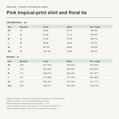 Nick · Pink shirt & tie — supplier size reference in cm and inches
