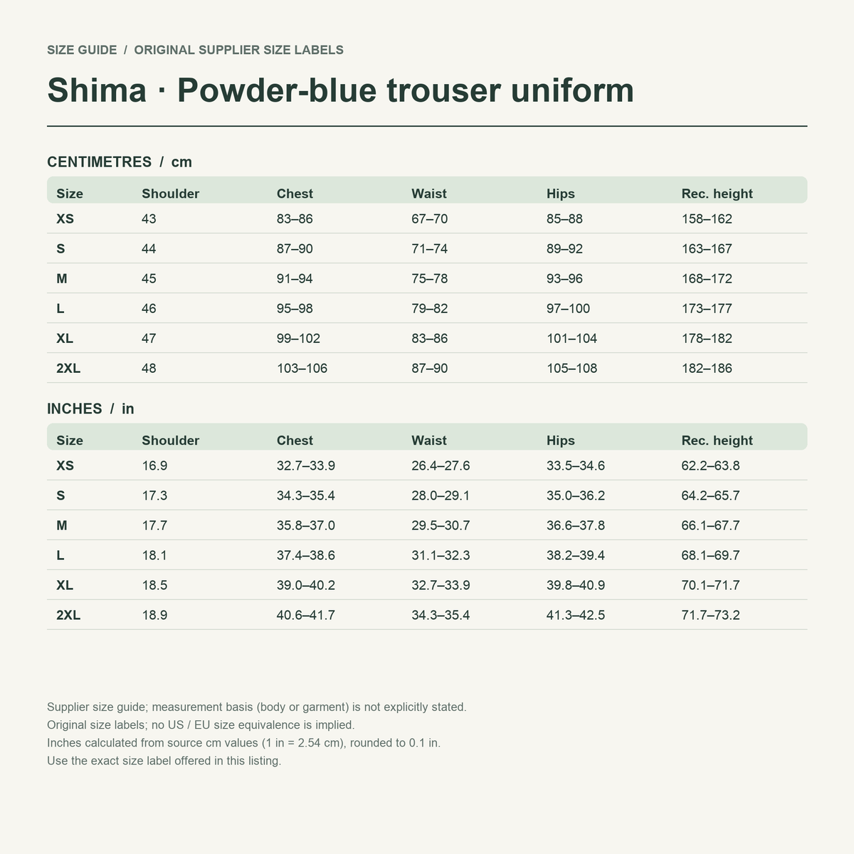 Shima · Powder-blue trouser uniform — supplier size reference in cm and inches