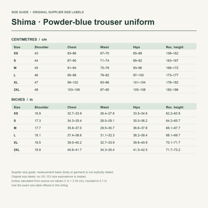 Shima · Powder-blue trouser uniform — supplier size reference in cm and inches