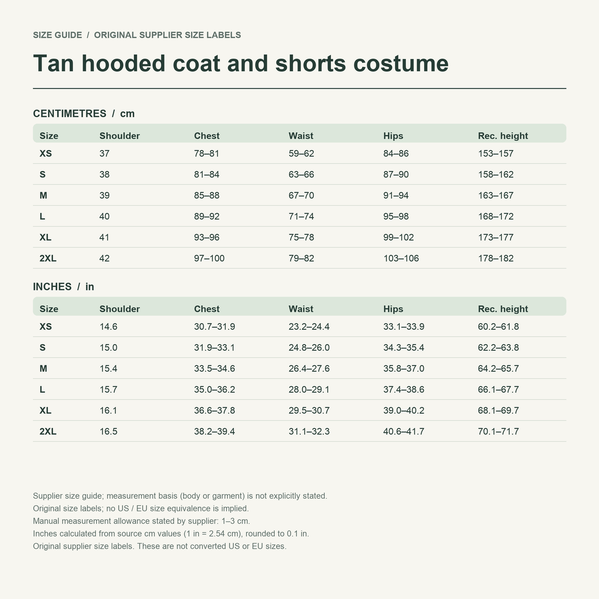Kurisu hooded jacket set — supplier size reference in centimetres, XS to 2XL