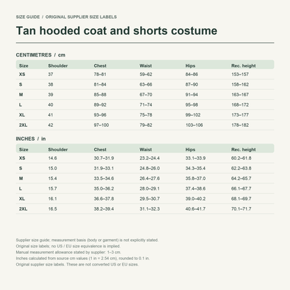 Kurisu hooded jacket set — supplier size reference in centimetres, XS to 2XL