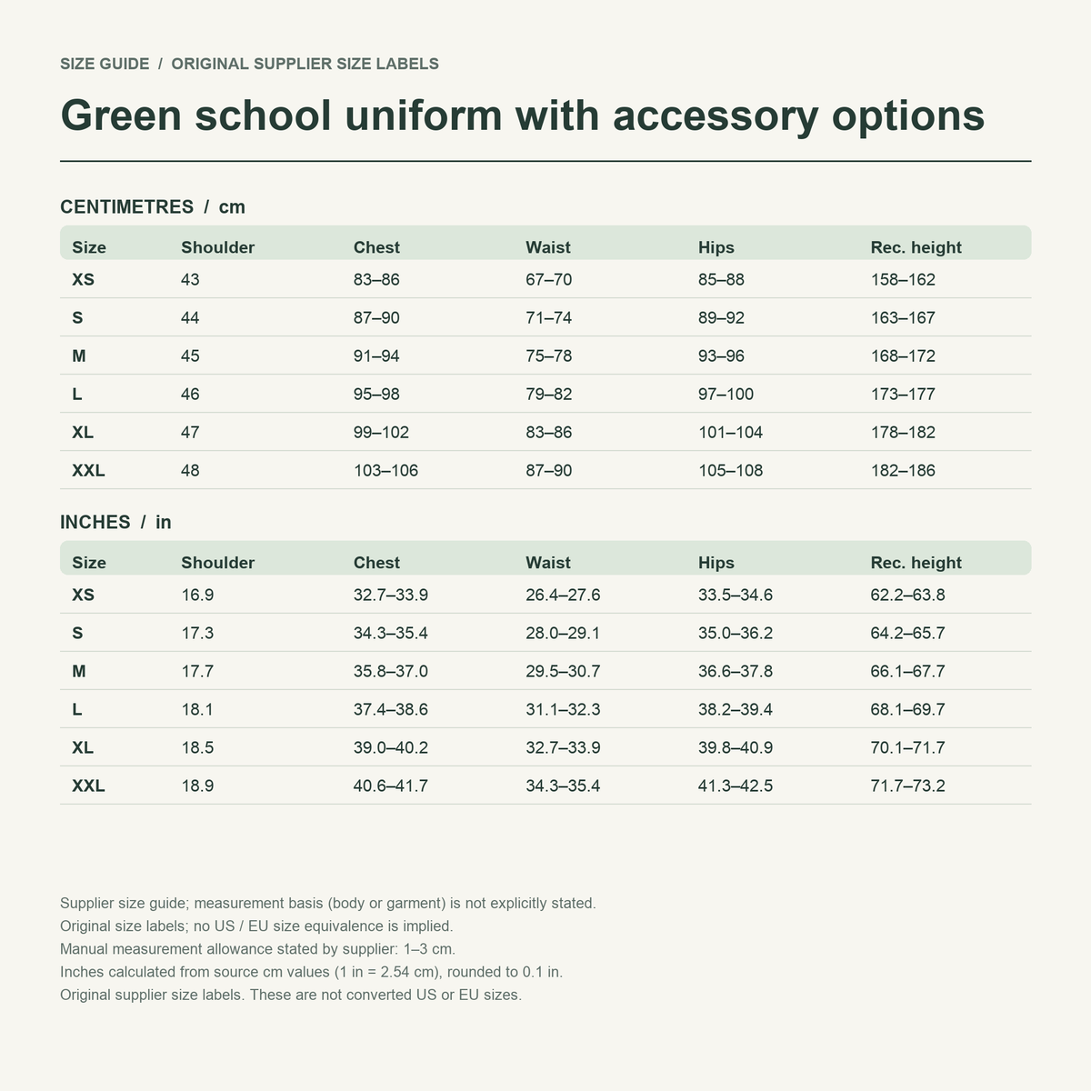 Saiki · Green uniform set — supplier size reference in cm and inches