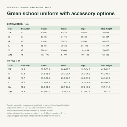 Saiki · Green uniform set — supplier size reference in cm and inches