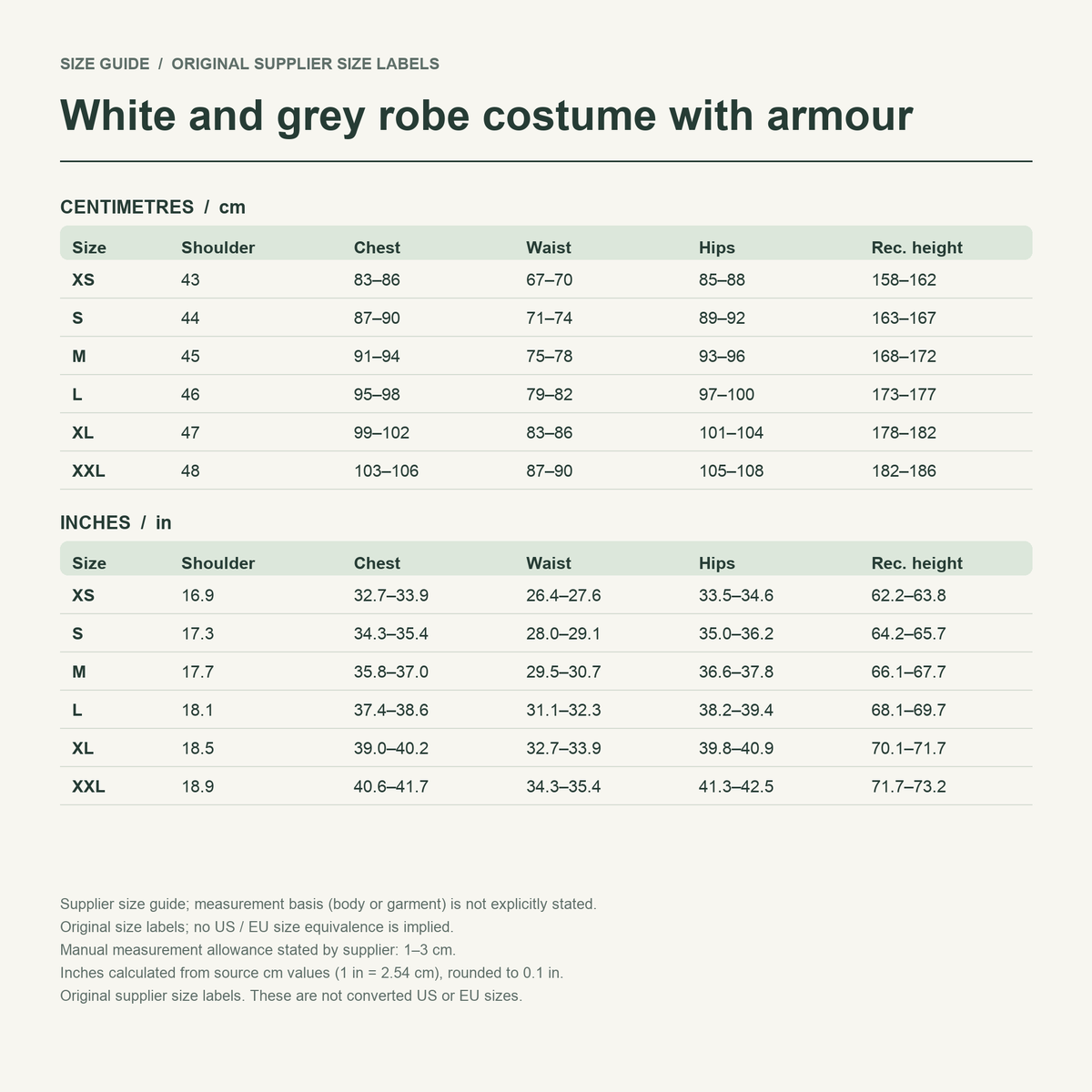 Shiroyasha · White layers — supplier size reference in cm and inches