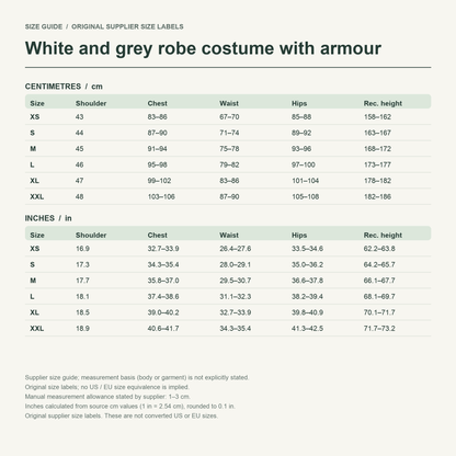 Shiroyasha · White layers — supplier size reference in cm and inches