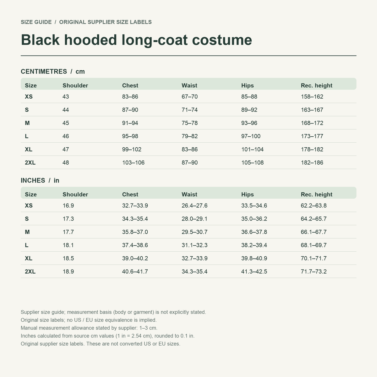 Organization XIII · Hooded coat — supplier size reference in cm and inches