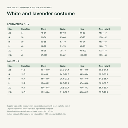 Emilia · White & lilac dress — supplier size reference in cm and inches
