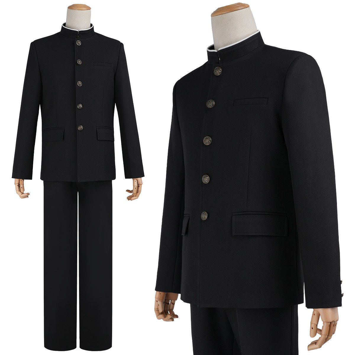 Black stand-collar costume uniform jacket and trousers on a mannequin