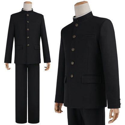 Black stand-collar costume uniform jacket and trousers on a mannequin