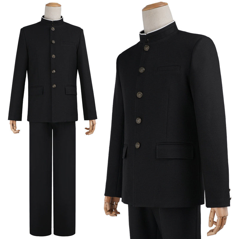 Black stand-collar costume uniform jacket and trousers on a mannequin