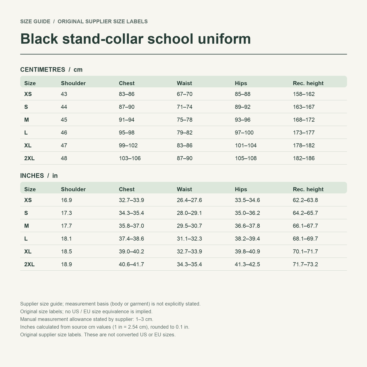 Stand collar · Black uniform — supplier size reference in cm and inches