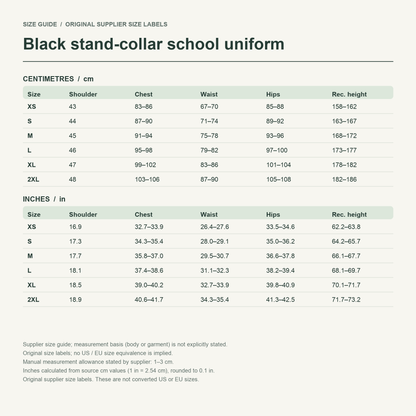 Stand collar · Black uniform — supplier size reference in cm and inches