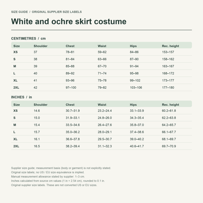 Mami · Ochre stage set — supplier size reference in cm and inches