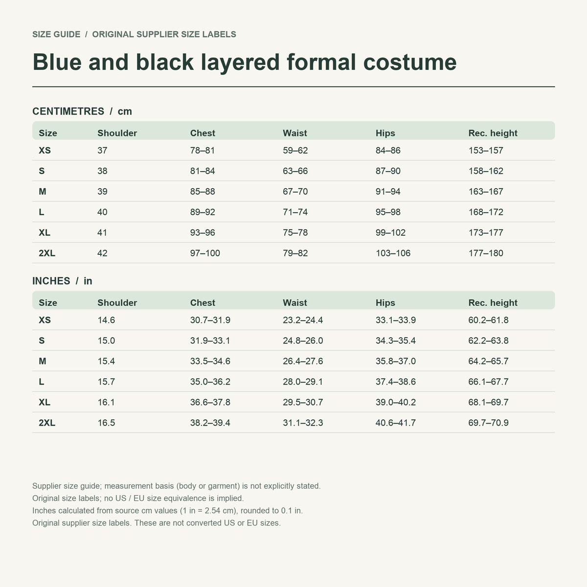 Ciel · Botanical blue set — supplier size reference in cm and inches