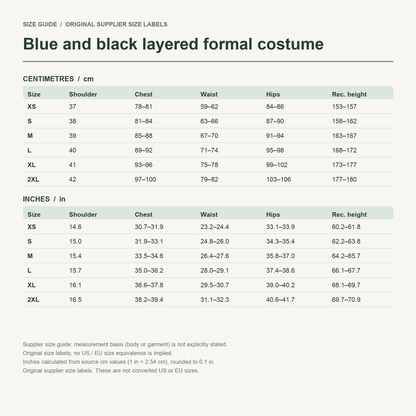 Ciel · Botanical blue set — supplier size reference in cm and inches