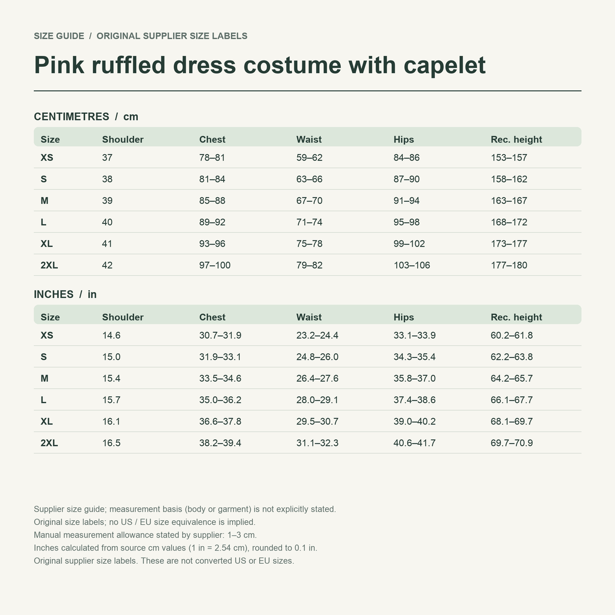 Beatrice · Rose cape set — supplier size reference in cm and inches
