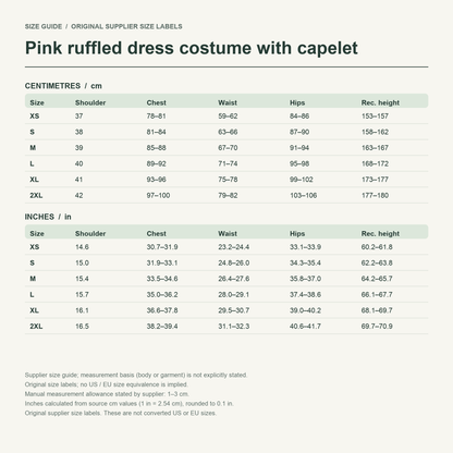 Beatrice · Rose cape set — supplier size reference in cm and inches