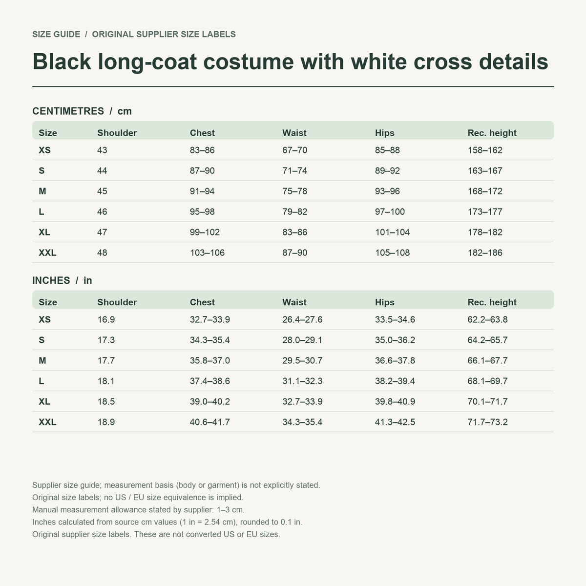 Xeno · Black long-coat set — supplier size reference in cm and inches