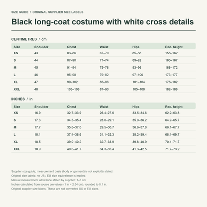 Xeno · Black long-coat set — supplier size reference in cm and inches