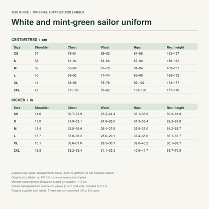 Ohtori · Green sailor set — supplier size reference in cm and inches