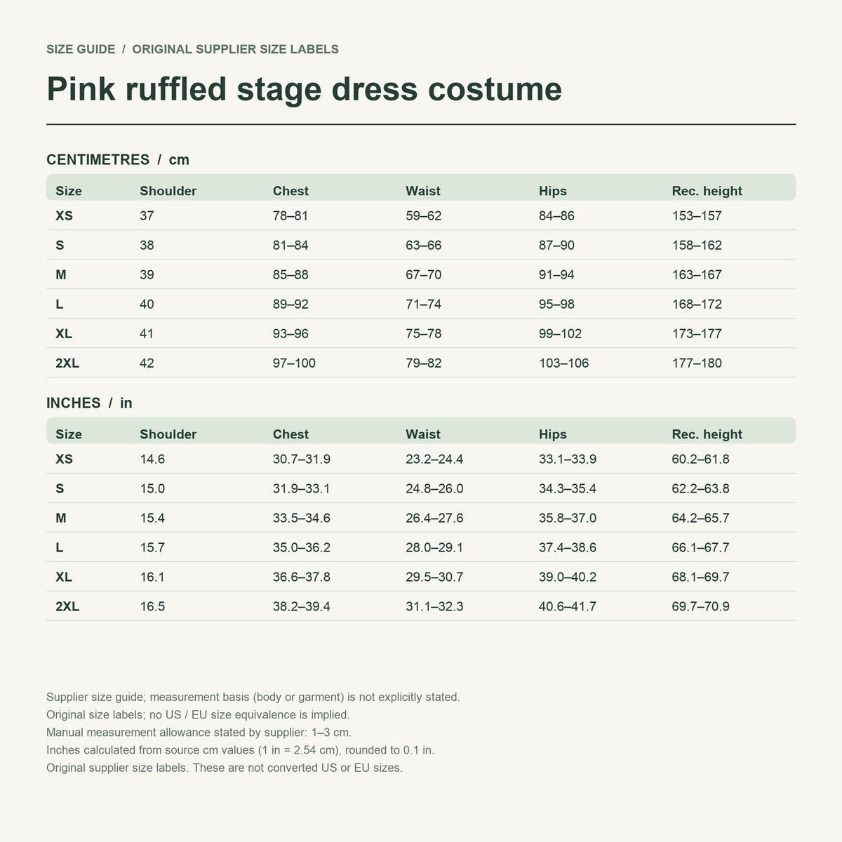 Mizi · Pink ribbon dress — supplier size reference in cm and inches