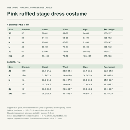 Mizi · Pink ribbon dress — supplier size reference in cm and inches