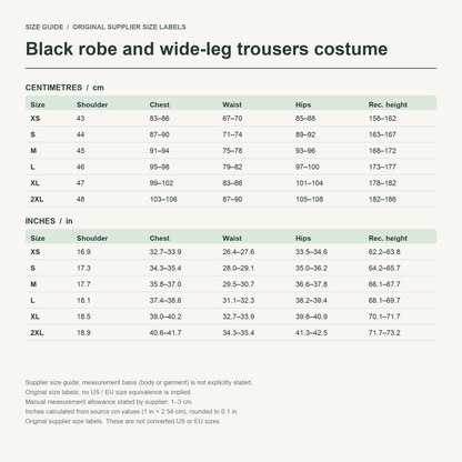 Shihakusho black robe set — supplier size reference in cm and inches