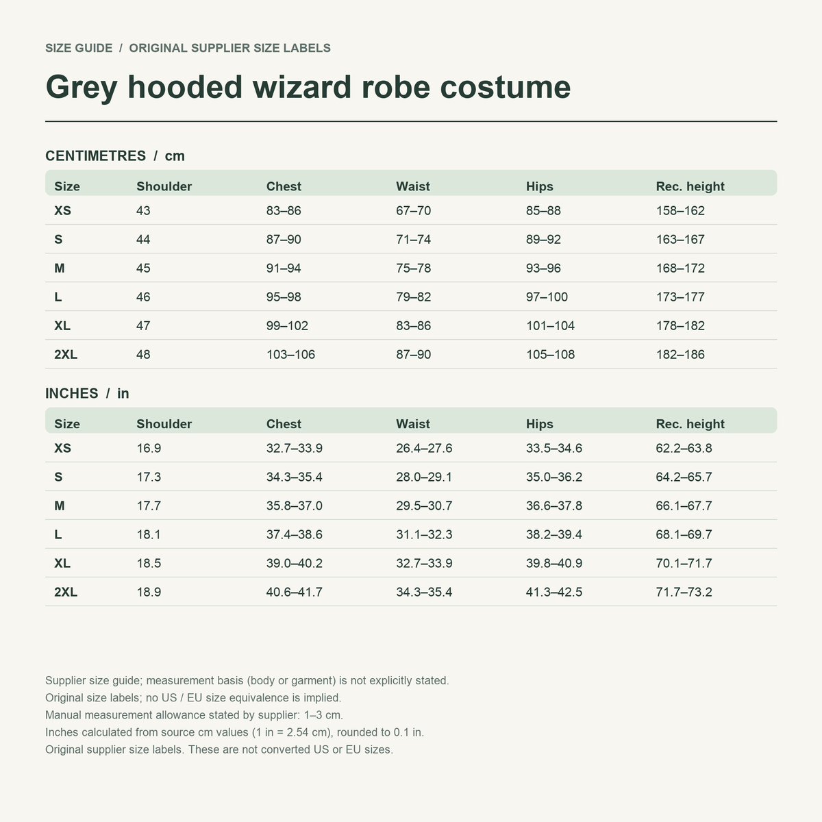 Rudeus · Grey cloak set — supplier size reference in cm and inches