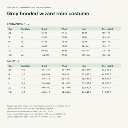 Rudeus · Grey cloak set — supplier size reference in cm and inches