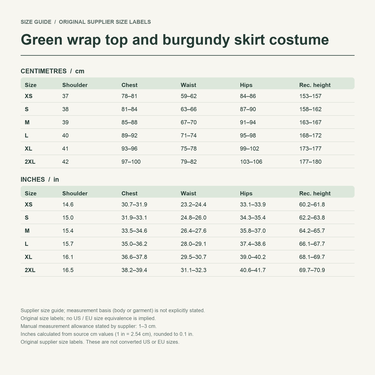 Maomao · Green everyday set — supplier size reference in cm and inches